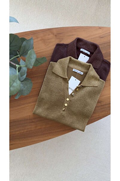 BİRCANÇİL Elles Khaki Gold Button Detailed Glitter Knitwear