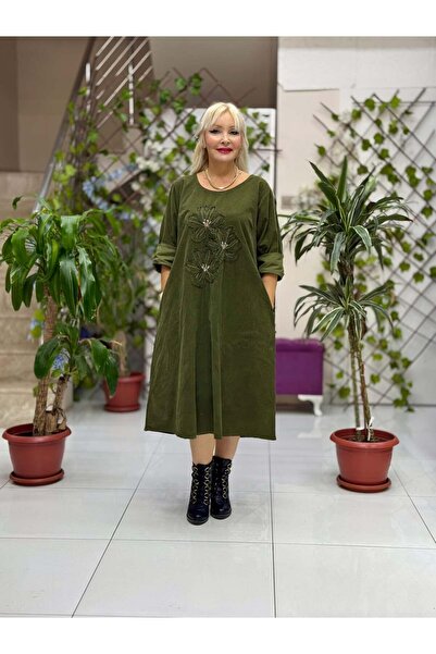 Punta Otantik Nc25130 Floral Patterned Italian Velvet Dress Khaki