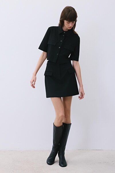 rue Zippered Mini Belted Black Skirt