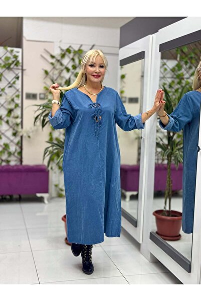 Punta Otantik NC24202 Düğmeli İtalyan Kadife Elbise Mavi