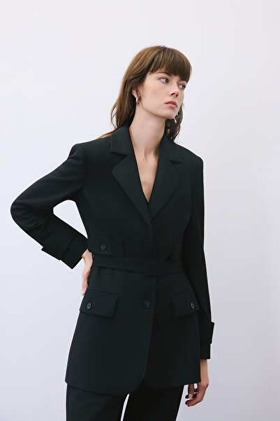 rue Lined Black Jacket with Belted Pocket Detail