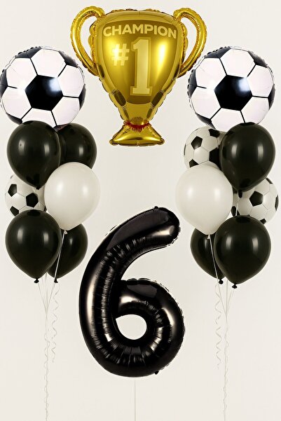 PARTİAVM 6 Year Old Black and White Football Themed Birthday Balloon Set Champion Football Player Concept