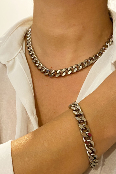 Liveyn Design Silver Color Classic Chain Necklace Bracelet Set