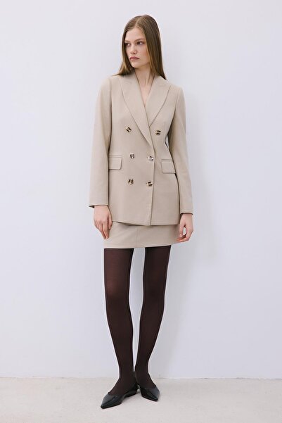 rue Double-Breasted Wool Textured Lined Beige Jacket