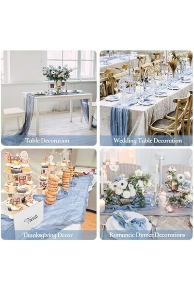 Laravel Dusty Blue Cheesecloth Table Runner, 10ft Boho Gauze Table Centerpiece Crumpled Runner