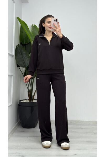 TUNAM BUTİK 1029 Half Zipper Modal Printed Two-Piece Set Bitter Brown