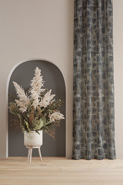 ASDİVA Jacquard Woven Drawstring Extrafoam Single Panel Non-Pleated Sequin Detailed Salmon Gray Background Curtain