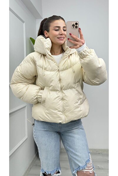 TUNAM BUTİK 2425 Raglan Sleeve Detail Puffer Jacket Beige