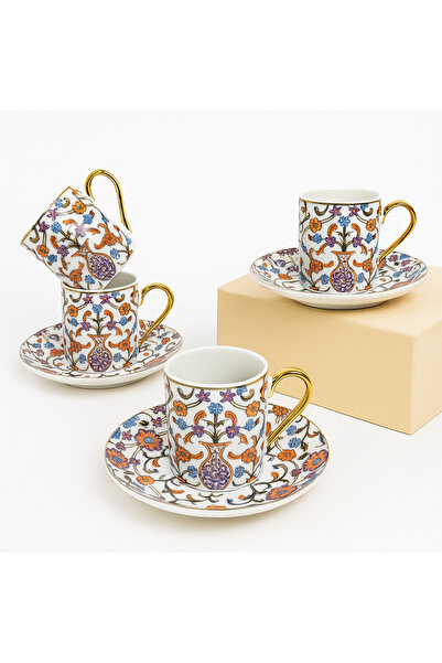 Karma Home Authentic Motifed 6-Piece Turkish Coffee Cup Set – Porcelain Set with Gold Detailing