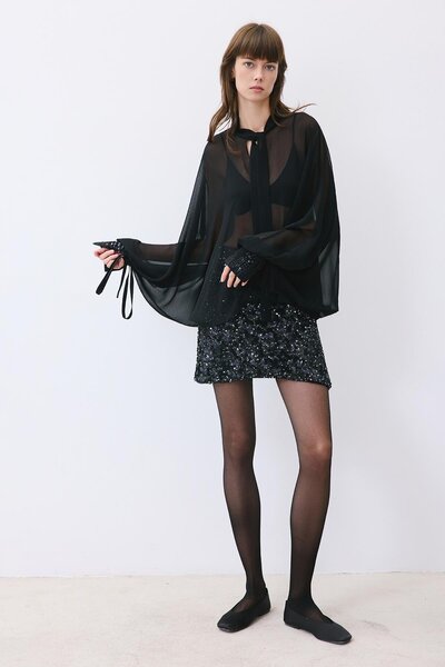 rue Chiffon Black Blouse with Sequin Cuffs