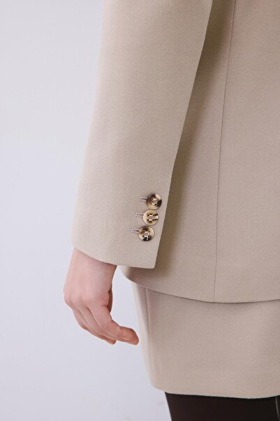 rue Double-Breasted Wool Textured Lined Beige Jacket