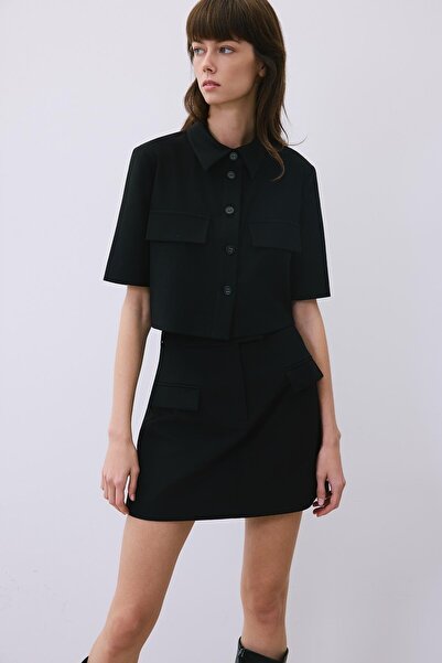 rue Zippered Mini Belted Black Skirt