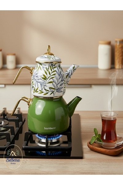 BELBERRA Bambum Summer Emaye Yeşil Çaydanlık Gold Kulplu