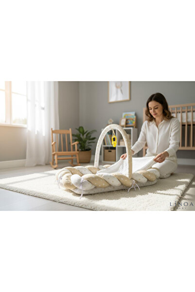 LinoaBaby سرير أطفال Babynest مع شبكة ناموسية محبوكة بلون الكابتشينو، سرير جا...