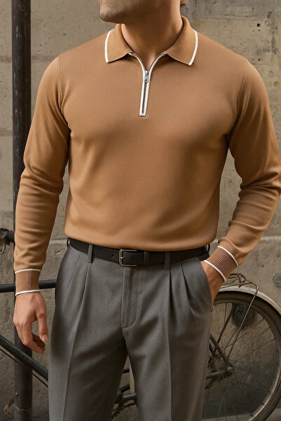 comstar Men's Casual Striped Trendy Brown Polo Neck Sweater