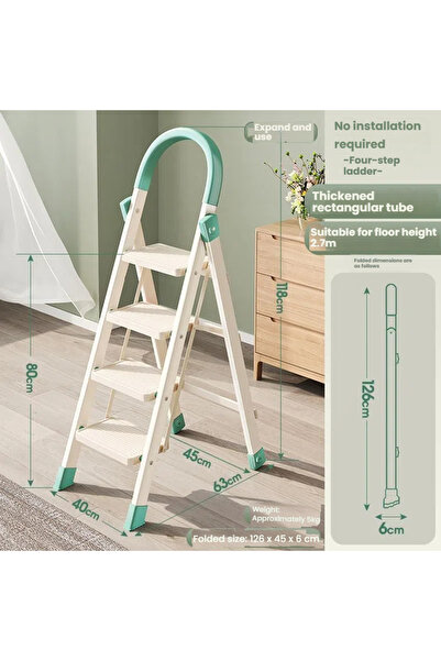 POWER Four-step folding metal ladder with non-slip feet, foldable multifunctional ladder, space-saving