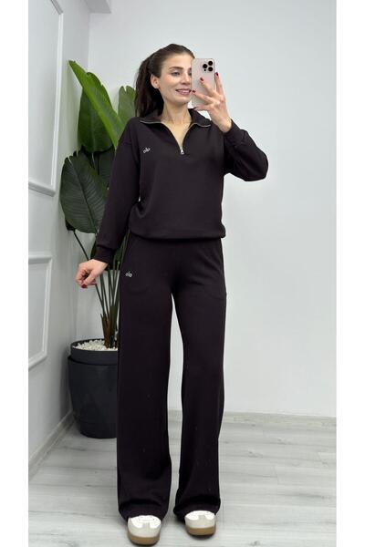 TUNAM BUTİK 1029 Half Zipper Modal Printed Two-Piece Set Bitter Brown