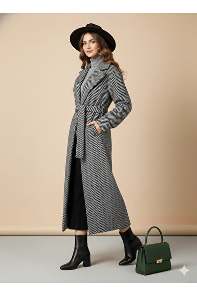 cemo Herringbone/Chevron Patterned Wool Coat with Belt Detail Long Coat Gray Winter