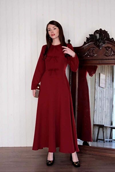 Ceylan Otantik Burgundy Bow Detail Crepe Dress