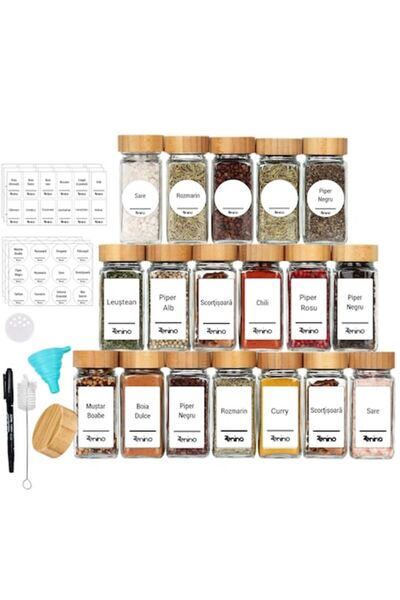 Zenino Set de 24 de borcane de condimente din sticlă — capace din bambus, eti...