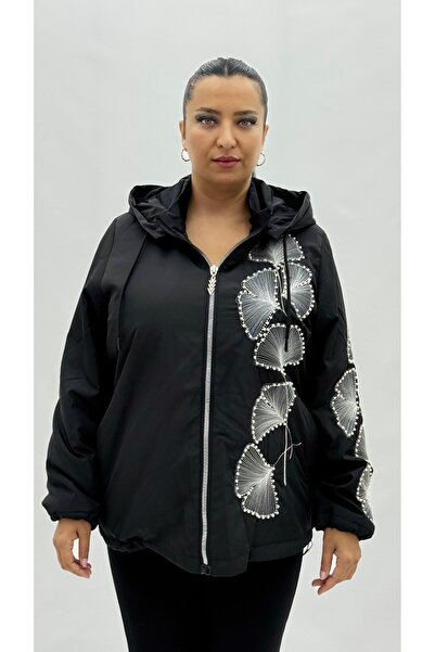 AY-SEL Büyük Beden Kapüşonlu Çiçek İşlemeli Kadın Mont