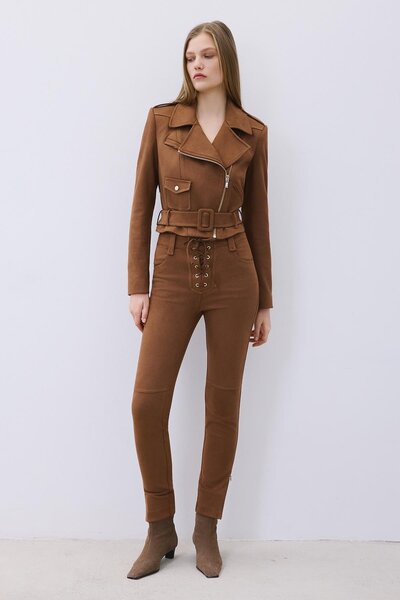 rue Gold Detailed Brown Biker Jacket