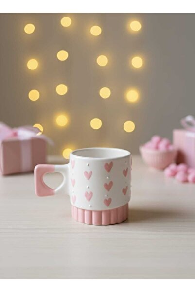 SeraCEY Heart Handle Pink Heart Relief Hand Embroidered Special Design Handmade Ceramic Mug