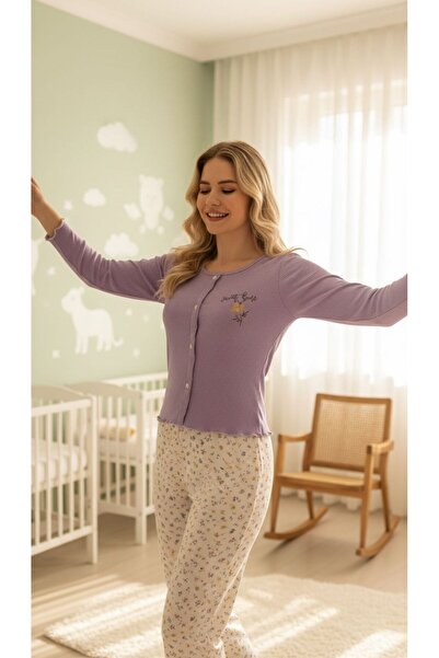 MİSS ELİZZA 9103-9 Buttoned Fitted Fabric Pajama Set Purple