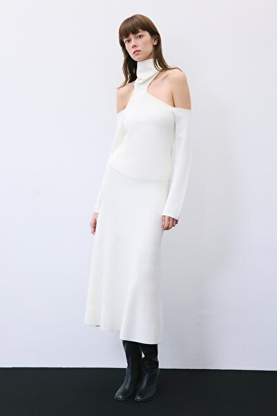 rue Off-The-Shoulder Turtleneck Ecru Knit Blouse