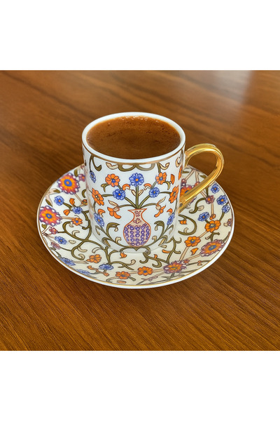 Karma Home Authentic Motifed 6-Piece Turkish Coffee Cup Set – Porcelain Set with Gold Detailing