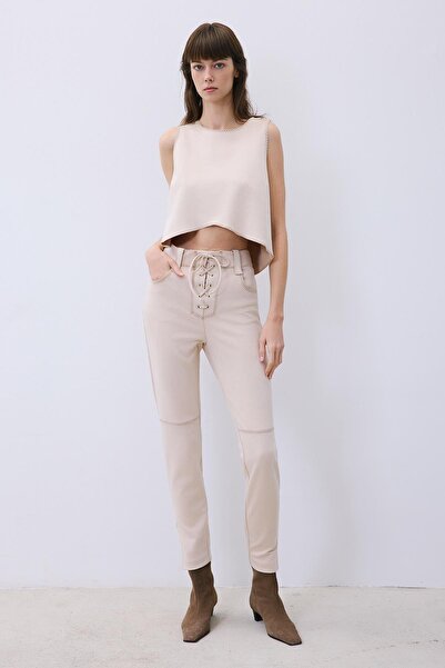 rue Suede Contrast Stitching Pack Crop Beige Blouse