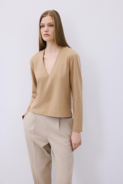 rue V-Neck Basic Camel Knitwear Blouse