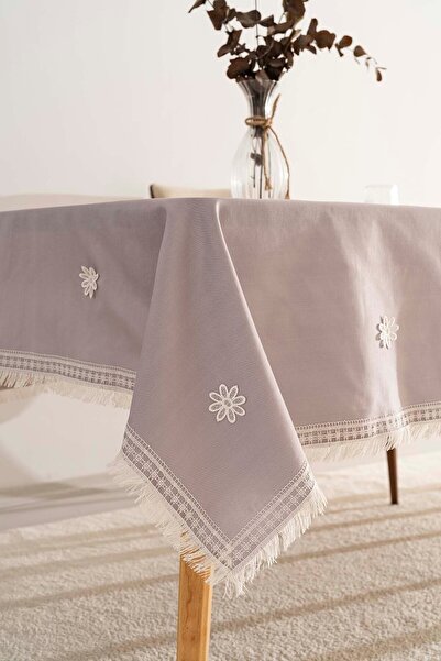 Rivaİstanbul Silvio Gray Guipure Floral Tablecloth 160X220 cm