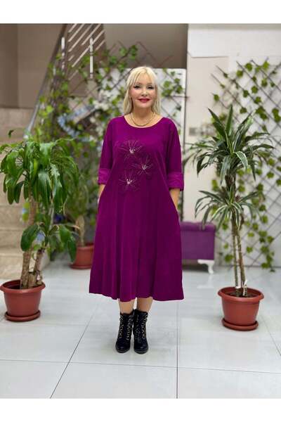 Punta Otantik Nc25130 Floral Patterned Italian Velvet Dress Cherry