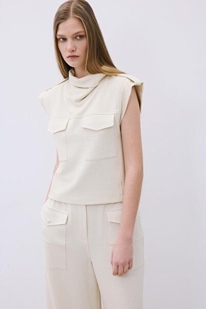 rue Wool Ecru Knit Blouse with Stitch Detail