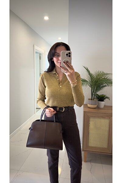 BİRCANÇİL Elles Khaki Gold Button Detailed Glitter Knitwear