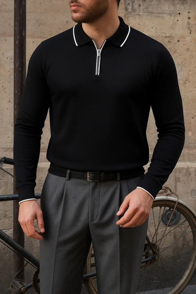 comstar Men's Casual Striped Trendy Black Polo Neck Sweater