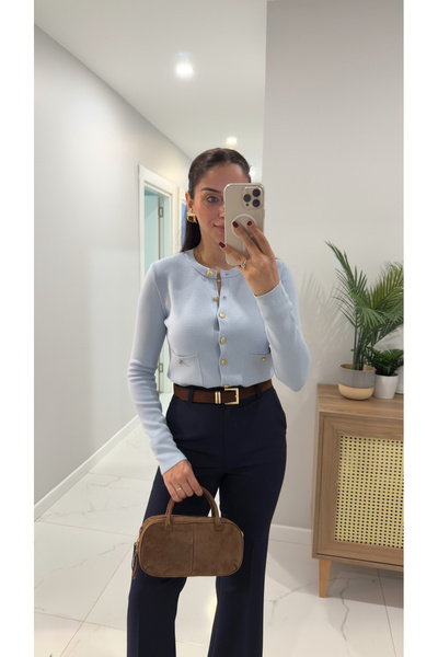 BİRCANÇİL Boren Mavi Gold Düğme Detaylı Hırka