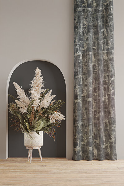 ASDİVA Jacquard Woven Drawstring Extrafoam Single Panel Non-Pleated Glitter Detailed Cream Gray Background Curtain