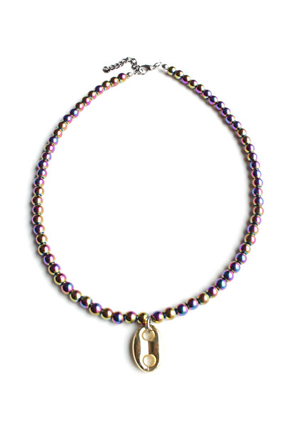 Liveyn Design Iridescent Colored Bead Necklace with Gold Pendant