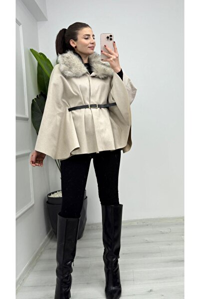 TUNAM BUTİK 2805 Plush Collar Detail Belted Cashmere Poncho Beige