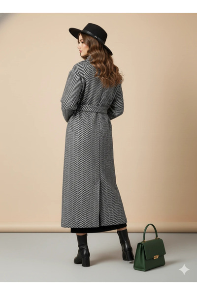 cemo Herringbone/Chevron Patterned Wool Coat with Belt Detail Long Coat Gray Winter