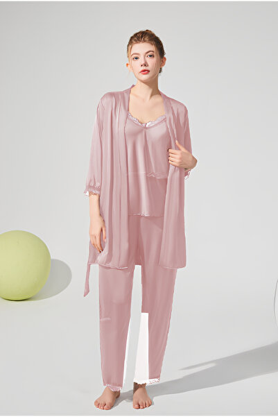 Inovius Γυναικείο σετ πιτζάμας 3 τεμαχίων από σατέν, ροζ-ANI159 Μέγεθος L