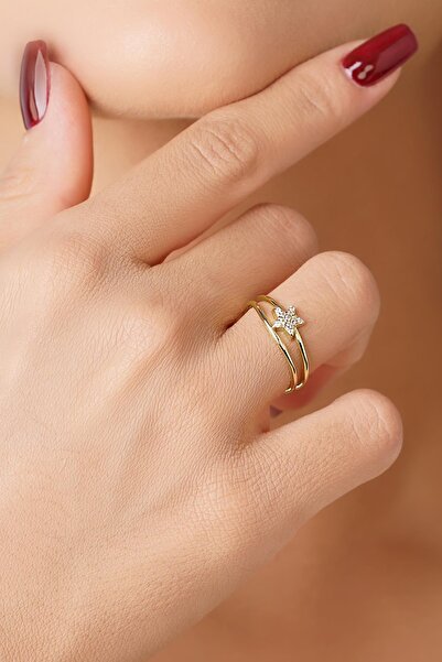 Fiyonk Kuyumculuk 14 Ayar Altın Çift Kollu Taşlı Yıldız Yüzük