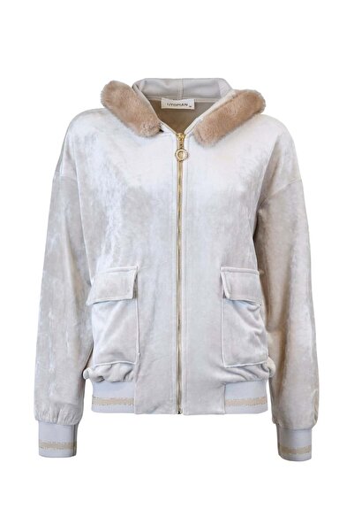 UTOPIAN Kapüşonu Kürklü Kadife Fermuarlı Sweatshirt