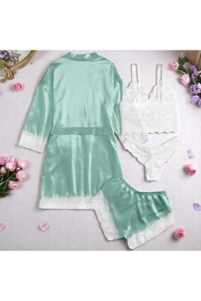Inovius Set Pijama de Dama 4 Piese din Satin, Culoare Turcoaz-ANI115 Marimea S