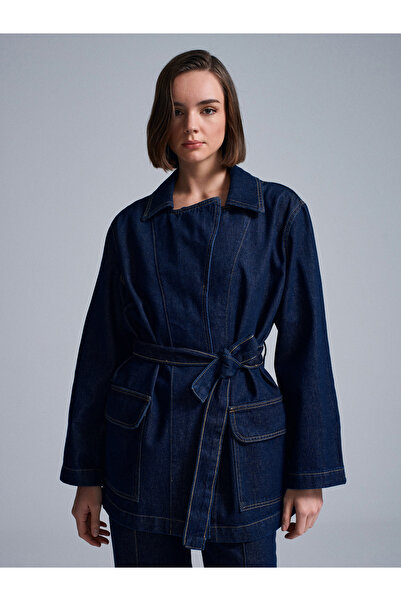 Dilvin 65382 100% Cotton Belted Denim Jacket-Navy Blue