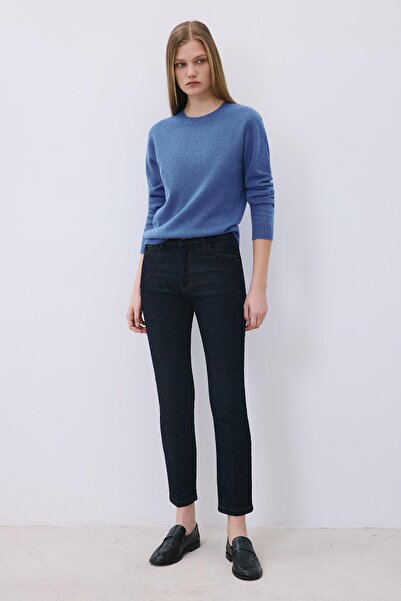 rue Striped Denim High Waist Navy Blue Trousers