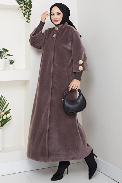 hafsamina Gold Buttoned Full Length Coat Mink Hm2864