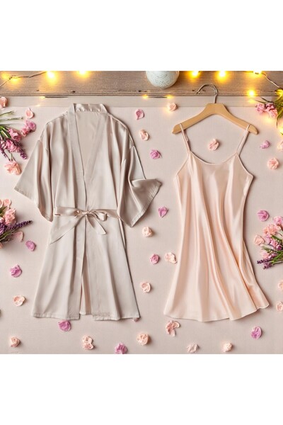 Inovius Compleu 2 Piese Dama, Halat si camasa de Noapte din Satin, Culoare Ro...